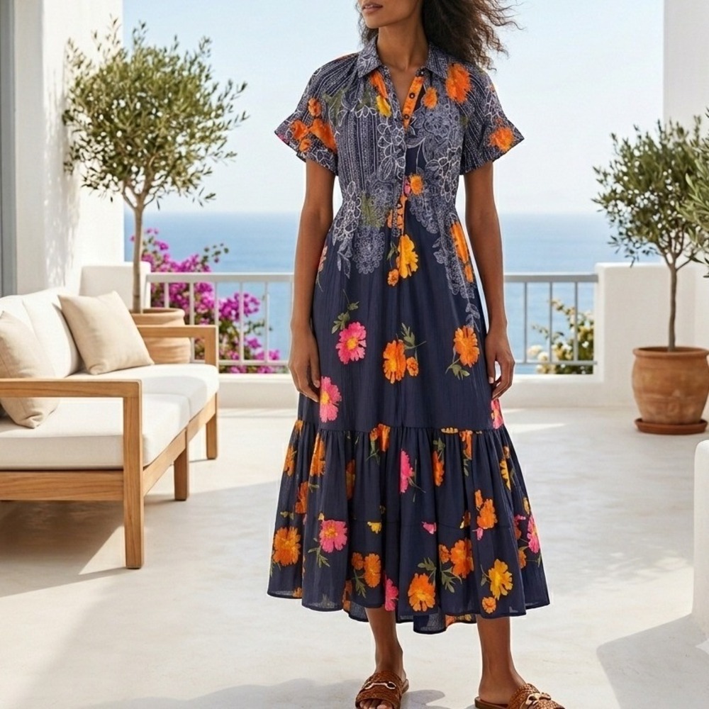Anthropologie Dress XS Navy Blue Floral Paisley Tiered Ruffle Sleeve Midi